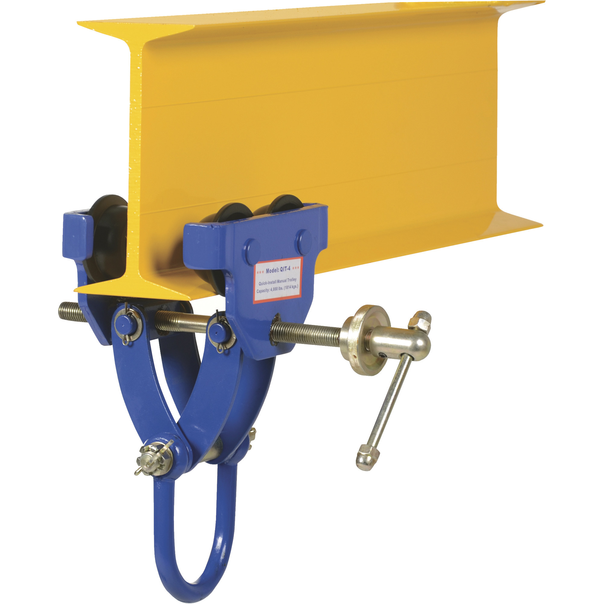 Vestil Steel Quick Install Manual Trolley, 6-3/4in. x 14-1/8in. x 12in., 4000-Lb. Capacity, Blue, Model# QIT-4